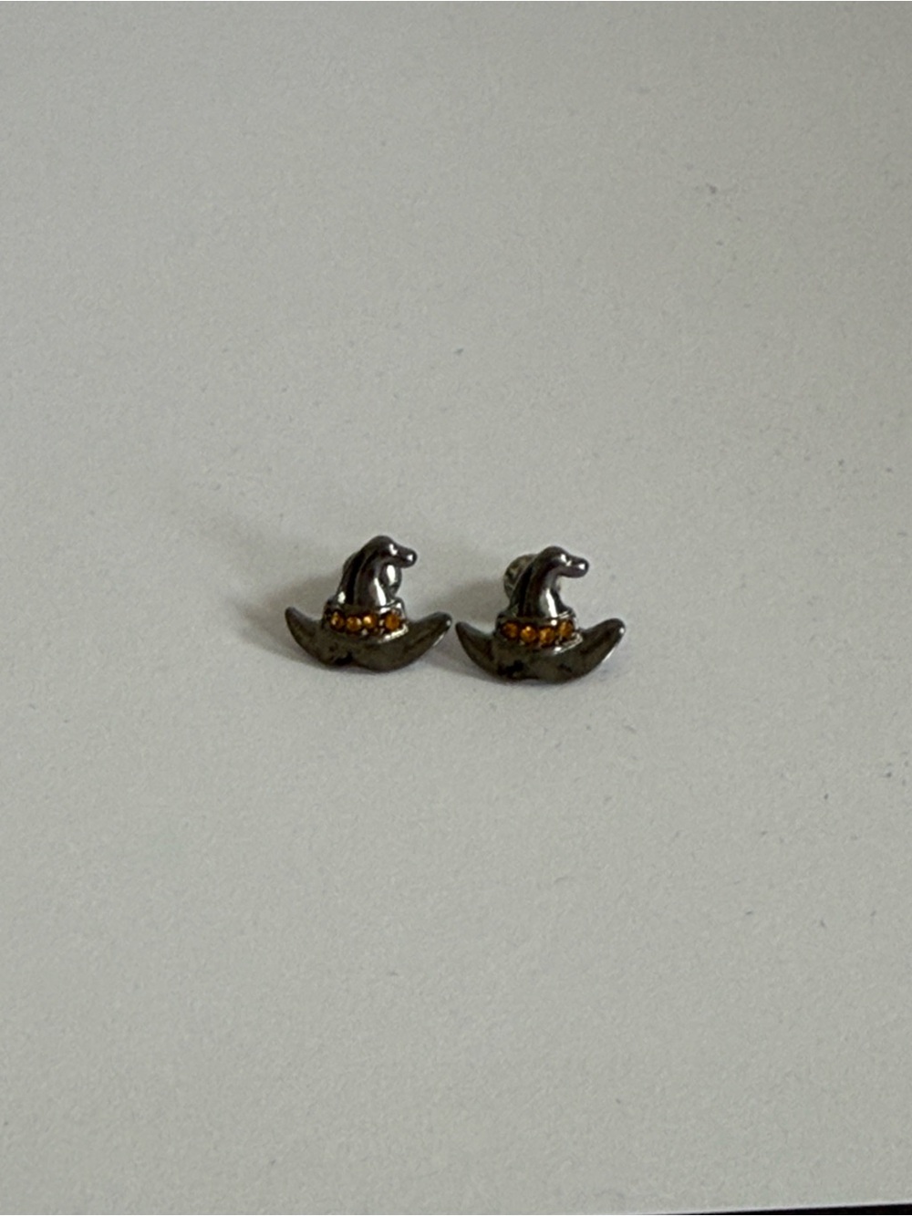 Black metal Witch Hat Stud Earrings with Amber Crystals Great for Halloween